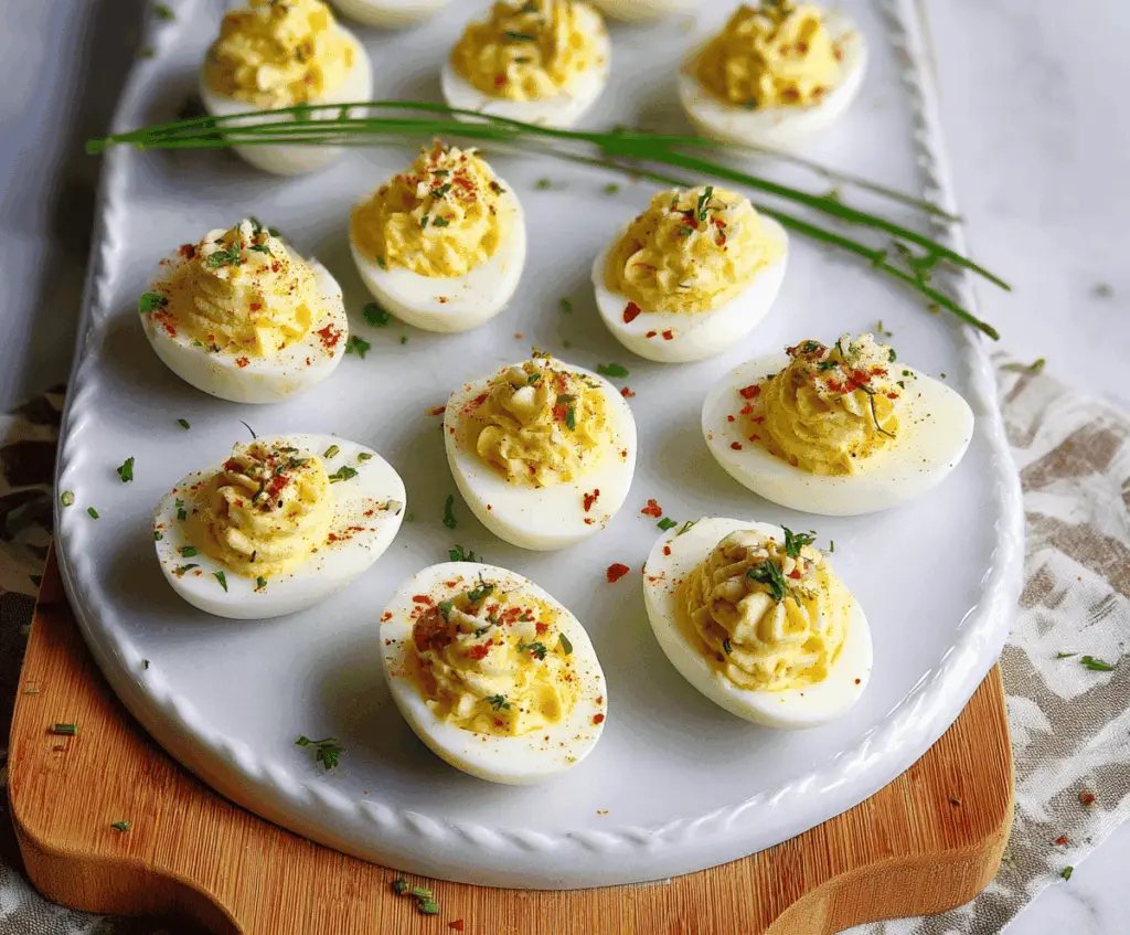Creamy Boursin deviled eggs garnished with herbs and paprika, perfect for appetizers.