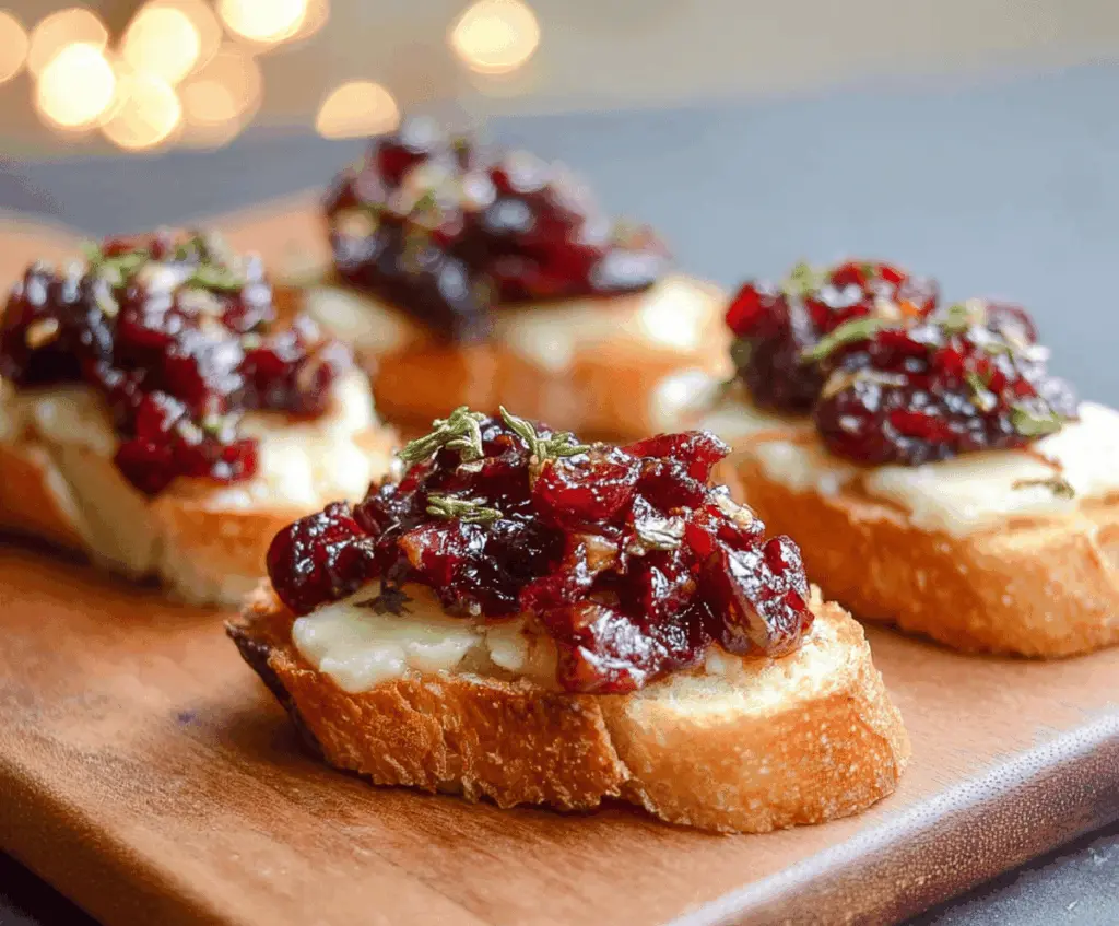 Brie and cranberry crostini served on a elegant platter for festive appetizer.