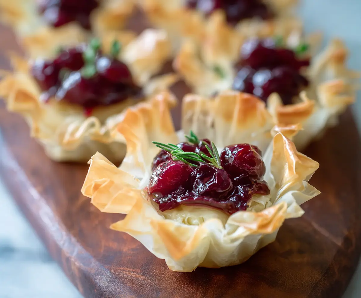 Delicious Brie Cranberry Phyllo Cups with melted cheese and fresh cranberries in crispy pastry shells.
