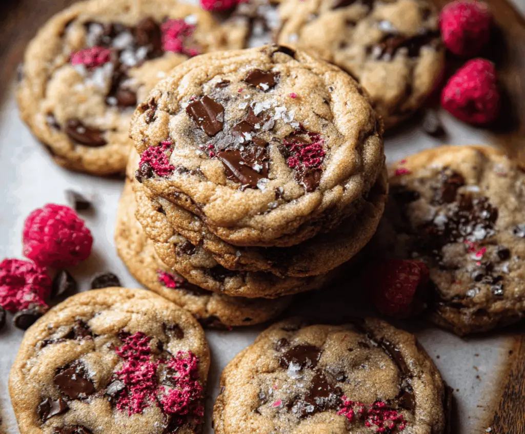 Delicious brown butter raspberry chocolate chip cookies on a plate, showcasing their golden edges and berry-studded surface.