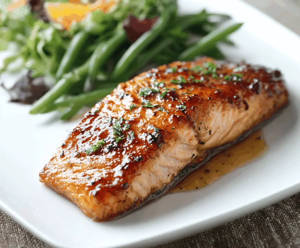 Delicious Brown Sugar Glazed Salmon with a shiny caramelized coating, served on a plate with lemon wedges.