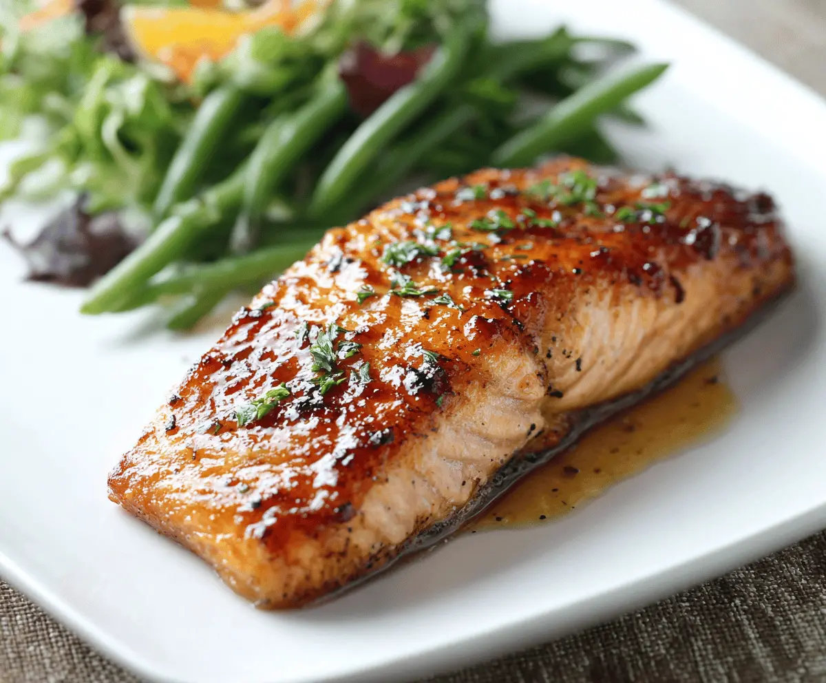 Delicious Brown Sugar Glazed Salmon with a shiny caramelized coating, served on a plate with lemon wedges.