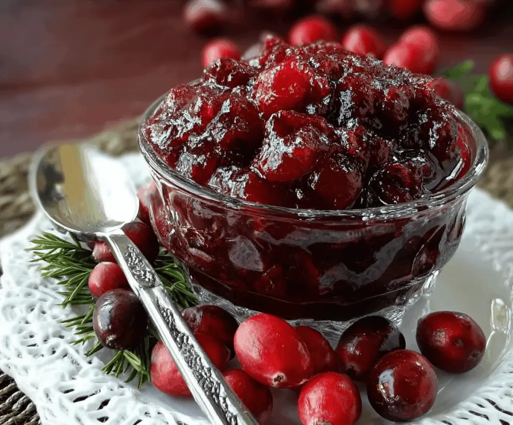 Delicious Brown Sugar Maple Cranberry Sauce served in a glass bowl with fresh cranberries and mint garnish.