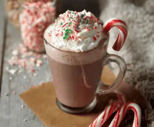 Creamy Candy Cane Hot Chocolate topped with whipped cream and crushed candy canes in a festive mug.