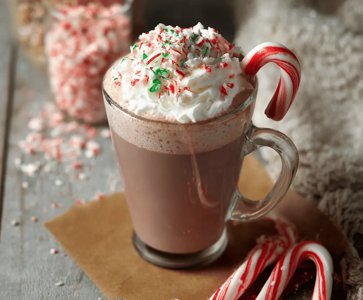 Creamy Candy Cane Hot Chocolate topped with whipped cream and crushed candy canes in a festive mug.