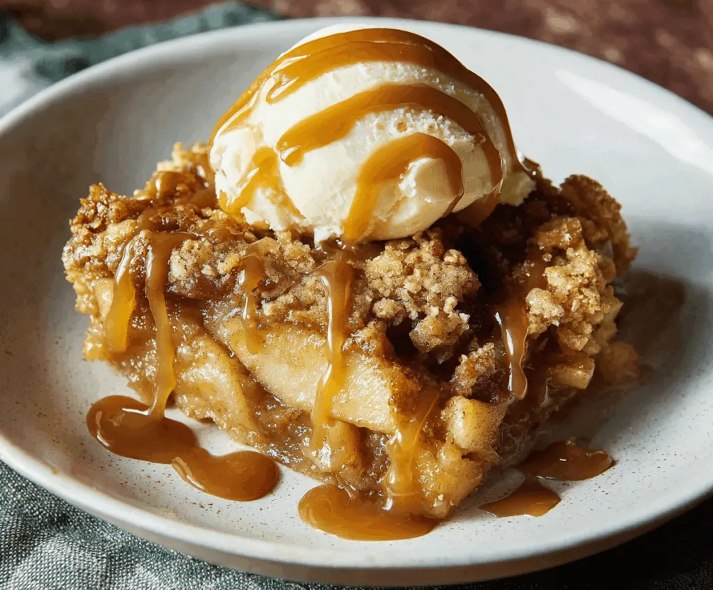Delicious Caramel Apple Dump Cake topped with caramel drizzle and fresh apple slices