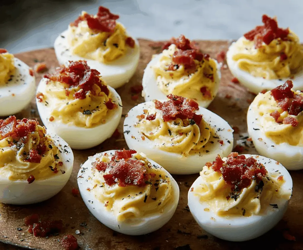 Delicious Carbonara Deviled Eggs garnished with herbs on a white plate