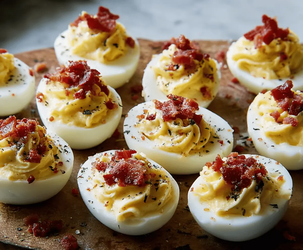 Delicious Carbonara Deviled Eggs garnished with herbs on a white plate