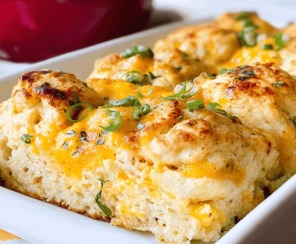 Delicious Cheddar Bay Biscuit and Egg Casserole topped with melted cheese and fresh herbs.