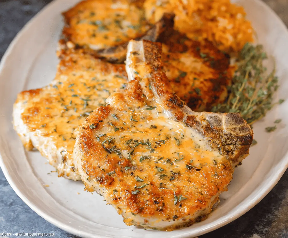 Juicy Cheddar Ranch Pork Chops served with fresh herbs on a white plate.