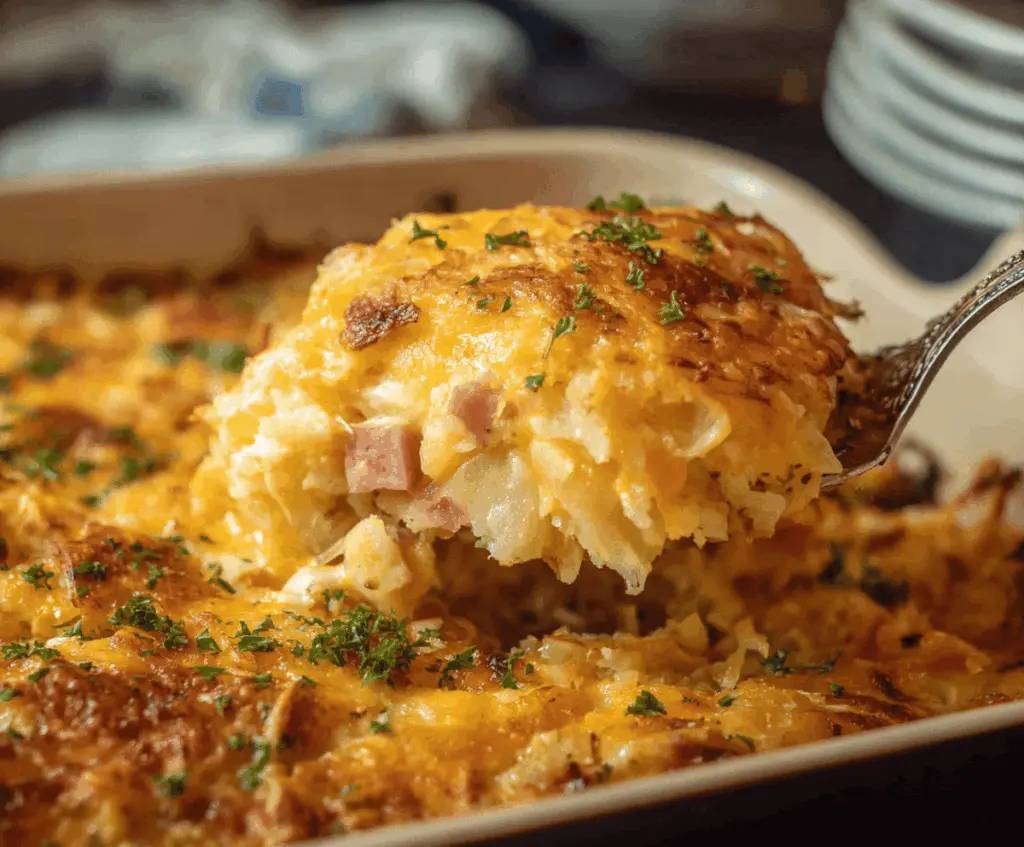 Delicious Cheesy Ham Hashbrown Casserole served in a baking dish with melted cheese and crispy hashbrowns.