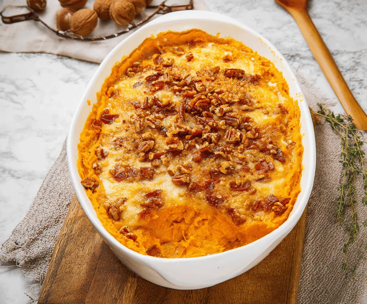 Delicious cheesy sweet potato casserole with melted cheese and crispy topping, perfect for holiday dinners.
