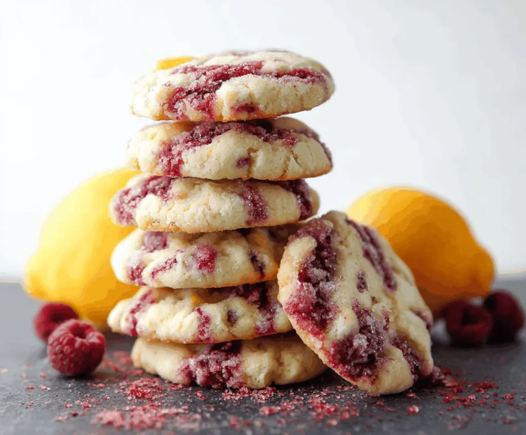 Delicious chewy lemon raspberry cookies with fresh berries on a baking tray