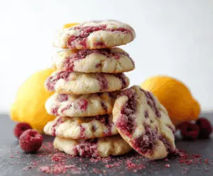 Delicious chewy lemon raspberry cookies with fresh berries on a baking tray