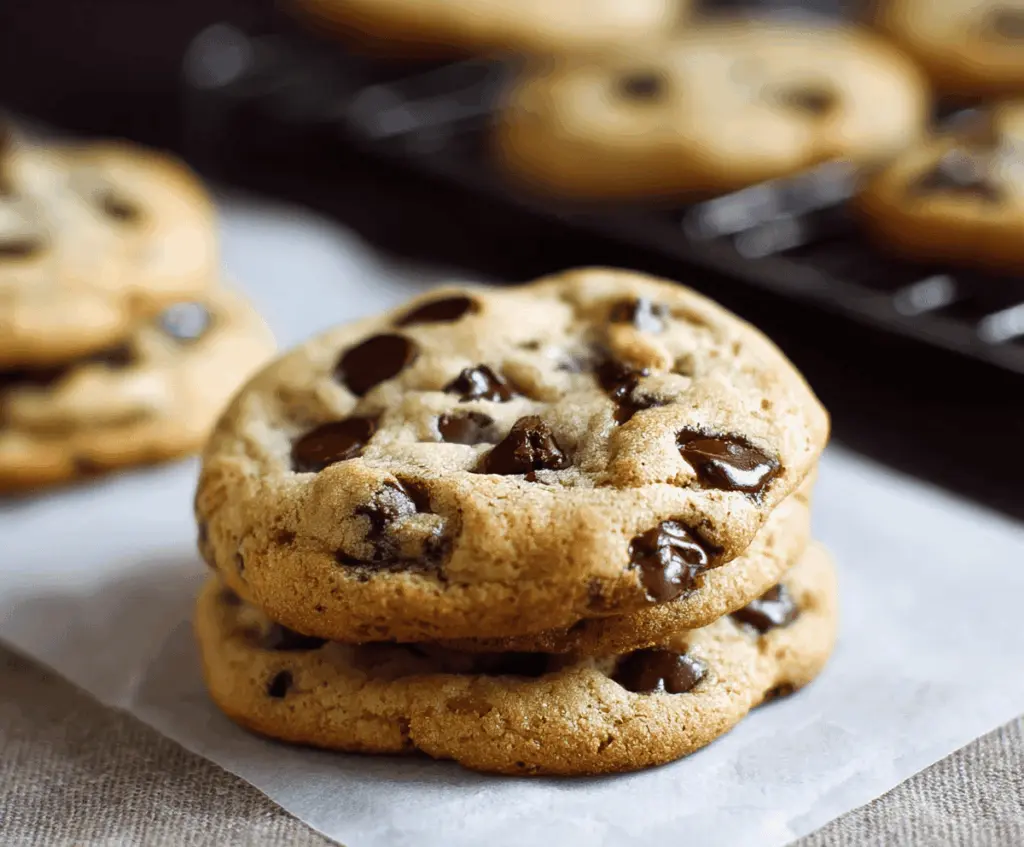 Homemade chocolate chip cookies fresh out of the oven, golden and filled with melting chocolate chips.