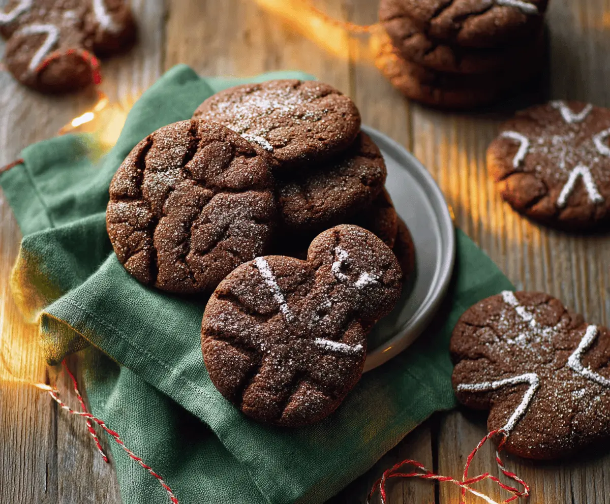 Delicious chocolate gingerbread cookies with spicy ginger flavor and festive decoration
