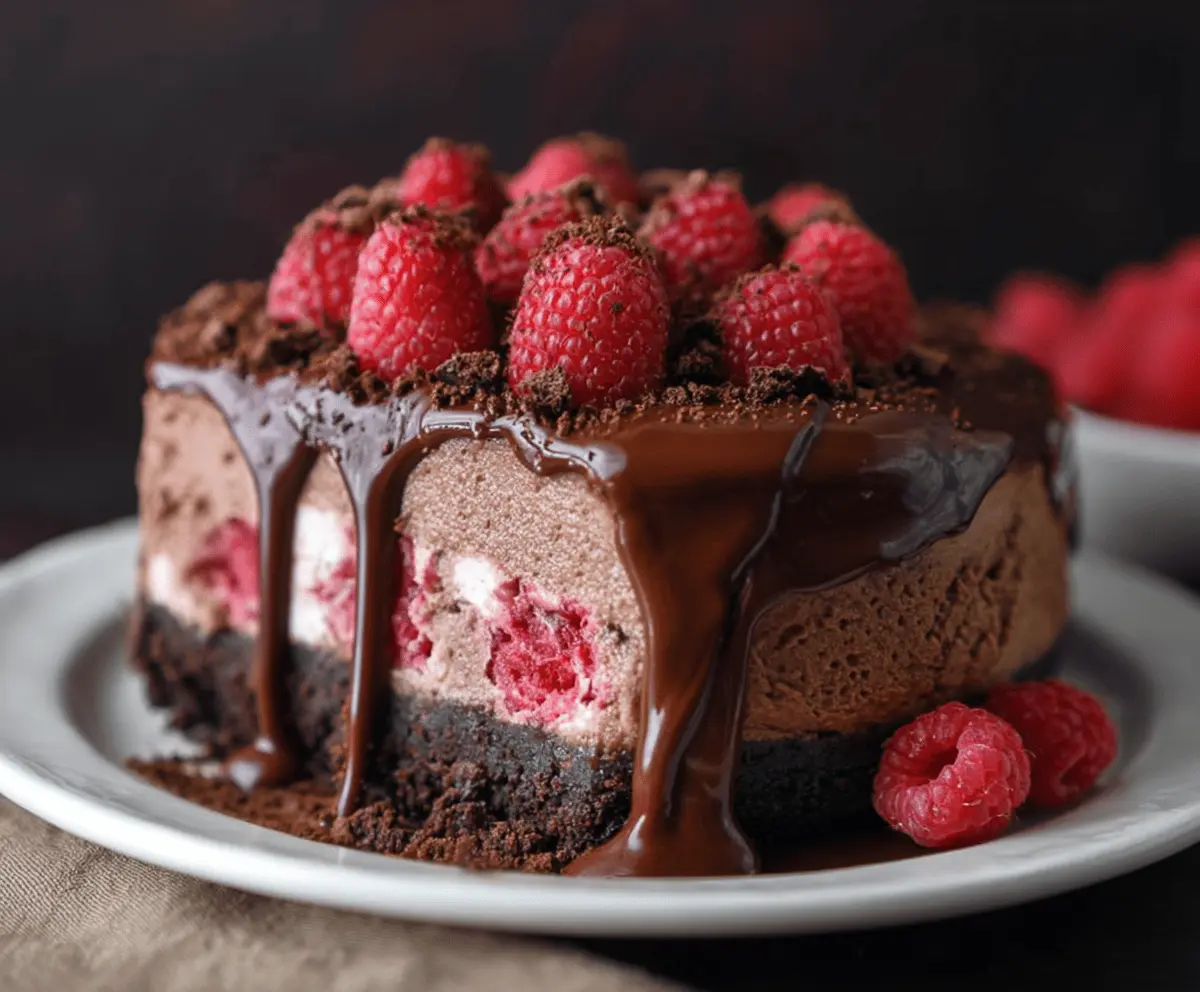 Delicious chocolate raspberry cheesecake with a creamy texture and vibrant berry topping.