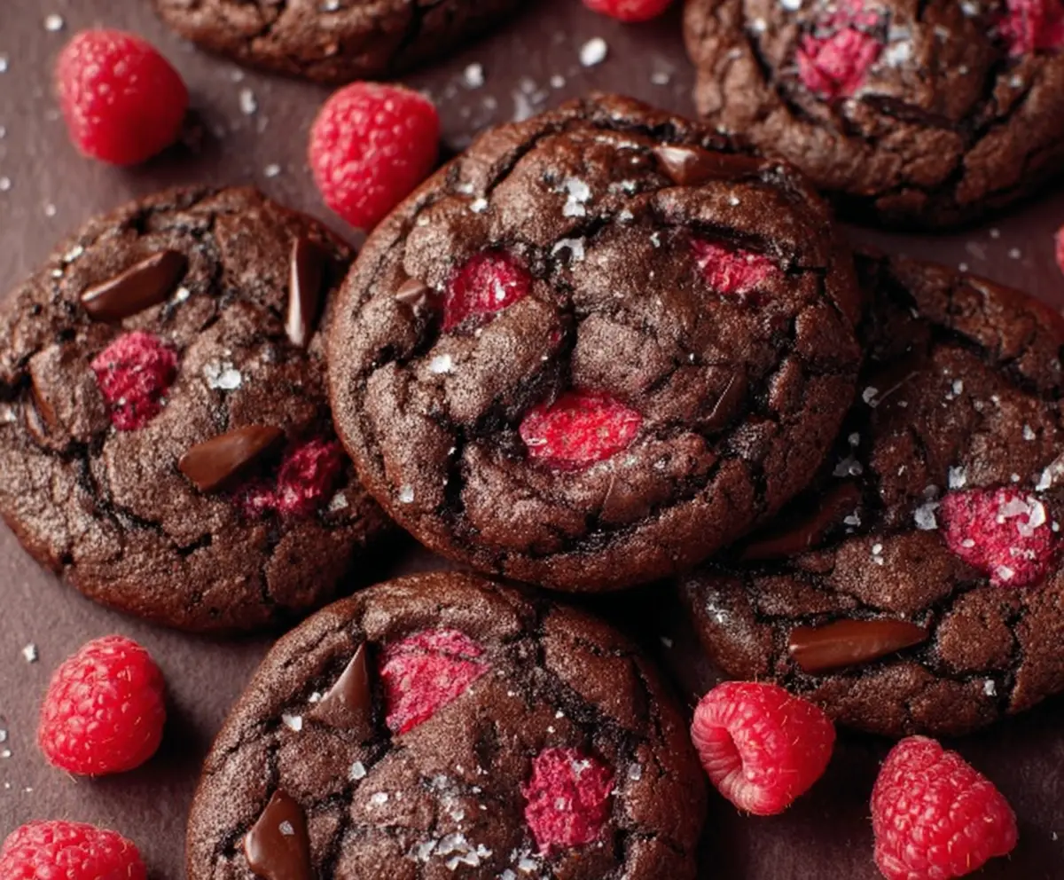 Delicious homemade chocolate raspberry cookies on a plate, perfect for dessert lovers.
