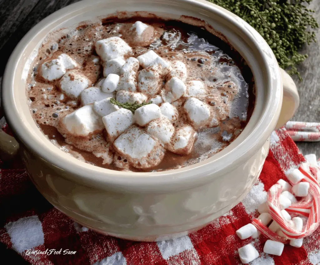 Warm and creamy Christmas Eve Crockpot Hot Chocolate with whipped cream and marshmallows in a festive mug.
