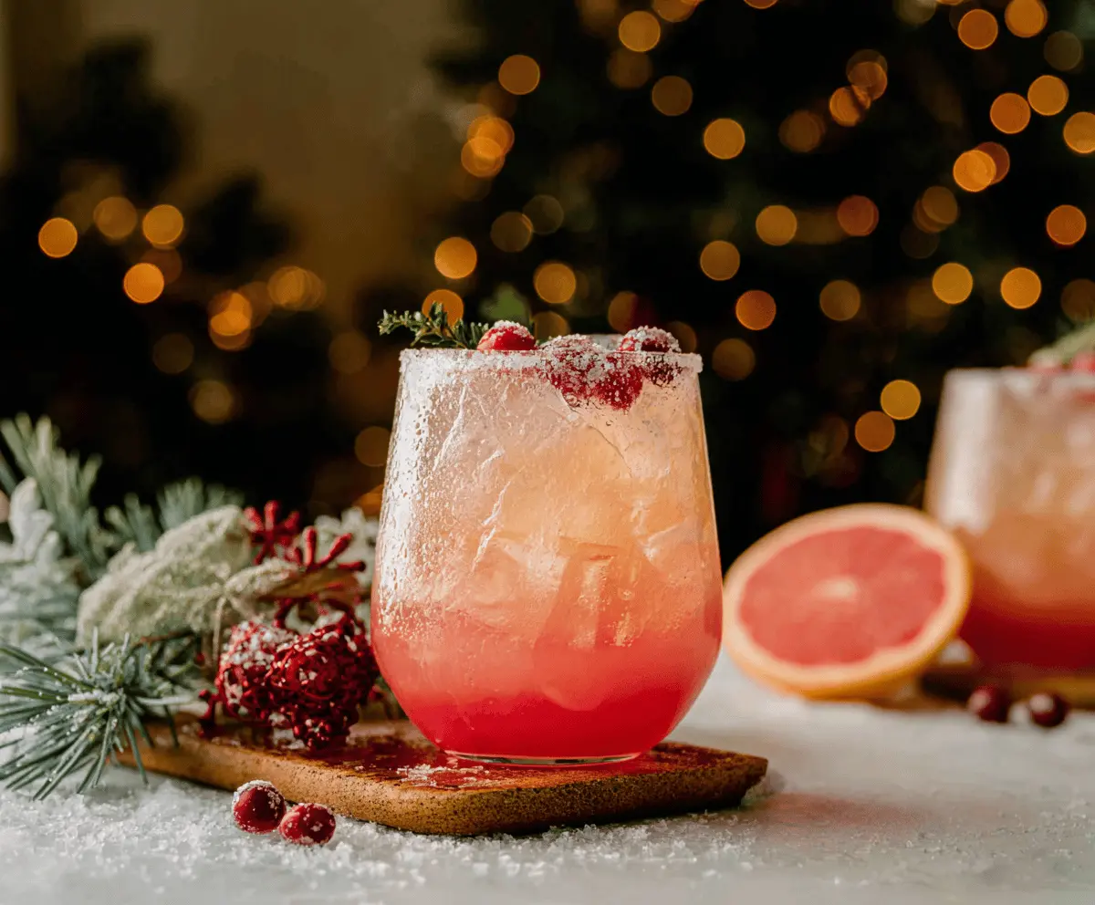 Festive Christmas Paloma cocktail with ruby red grapefruit juice, tequila, and garnished with a lime wedge on a holiday-themed table.