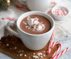 A cozy mug of Christmas Peppermint Hot Chocolate topped with whipped cream and crushed peppermint candies.