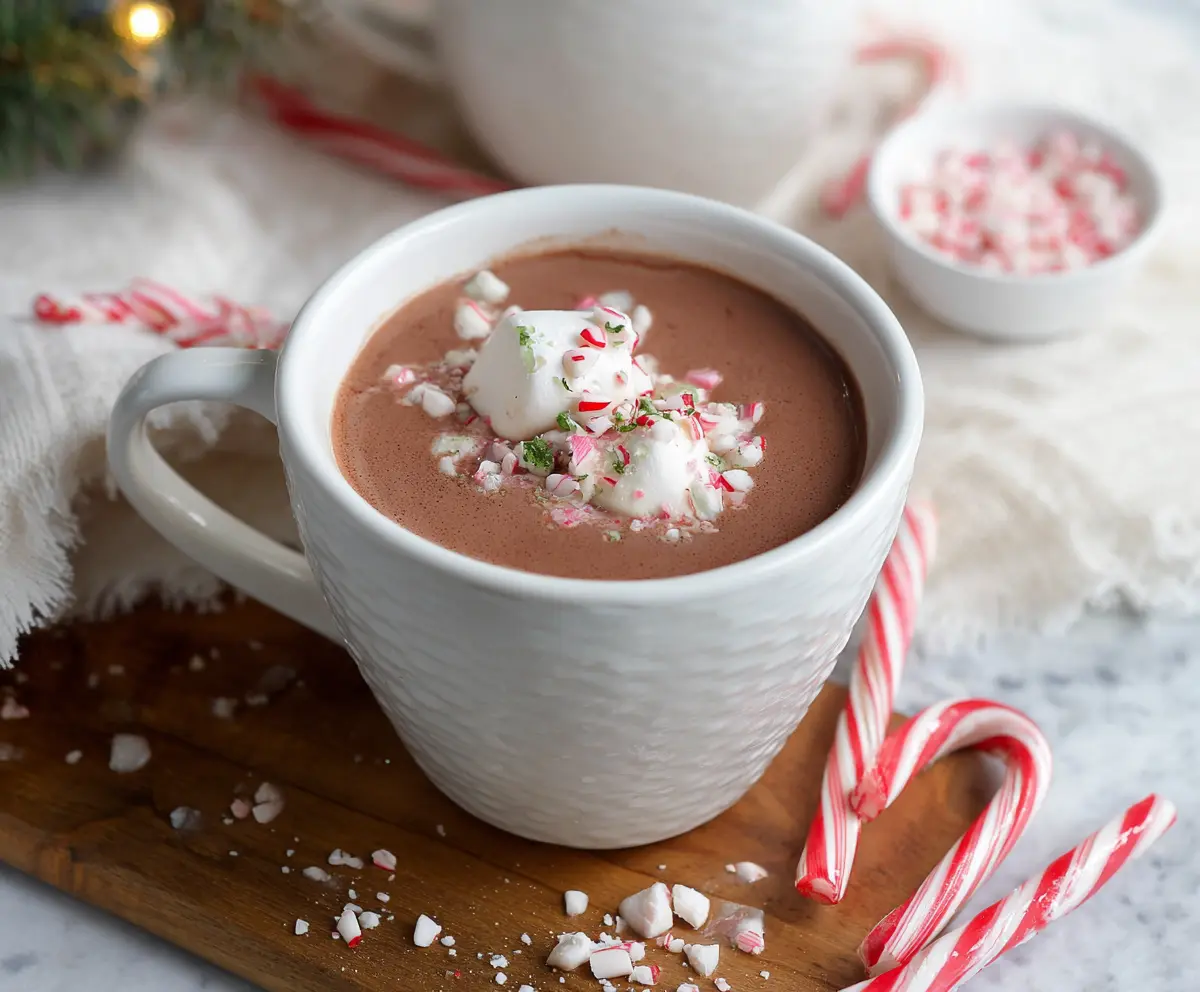 A cozy mug of Christmas Peppermint Hot Chocolate topped with whipped cream and crushed peppermint candies.