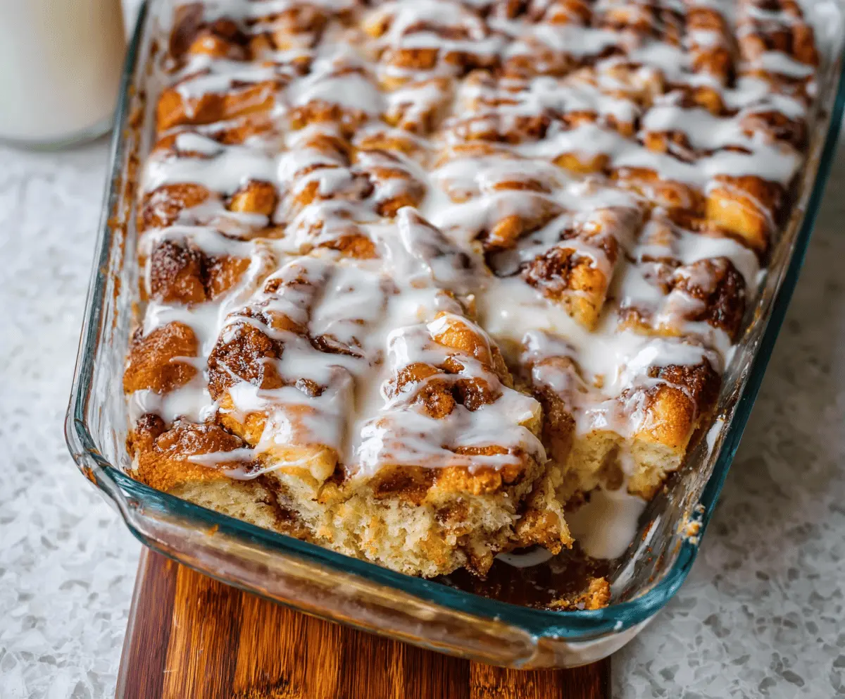 Delicious cinnamon roll casserole topped with cinnamon swirl and icing, perfect for breakfast or brunch.