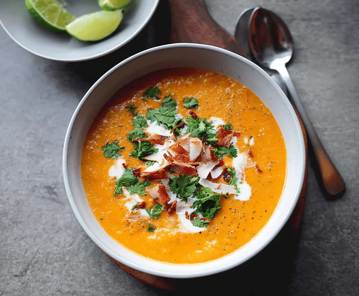 Creamy coconut curry sweet potato soup in a bowl garnished with fresh herbs, perfect for a warm, healthy meal.