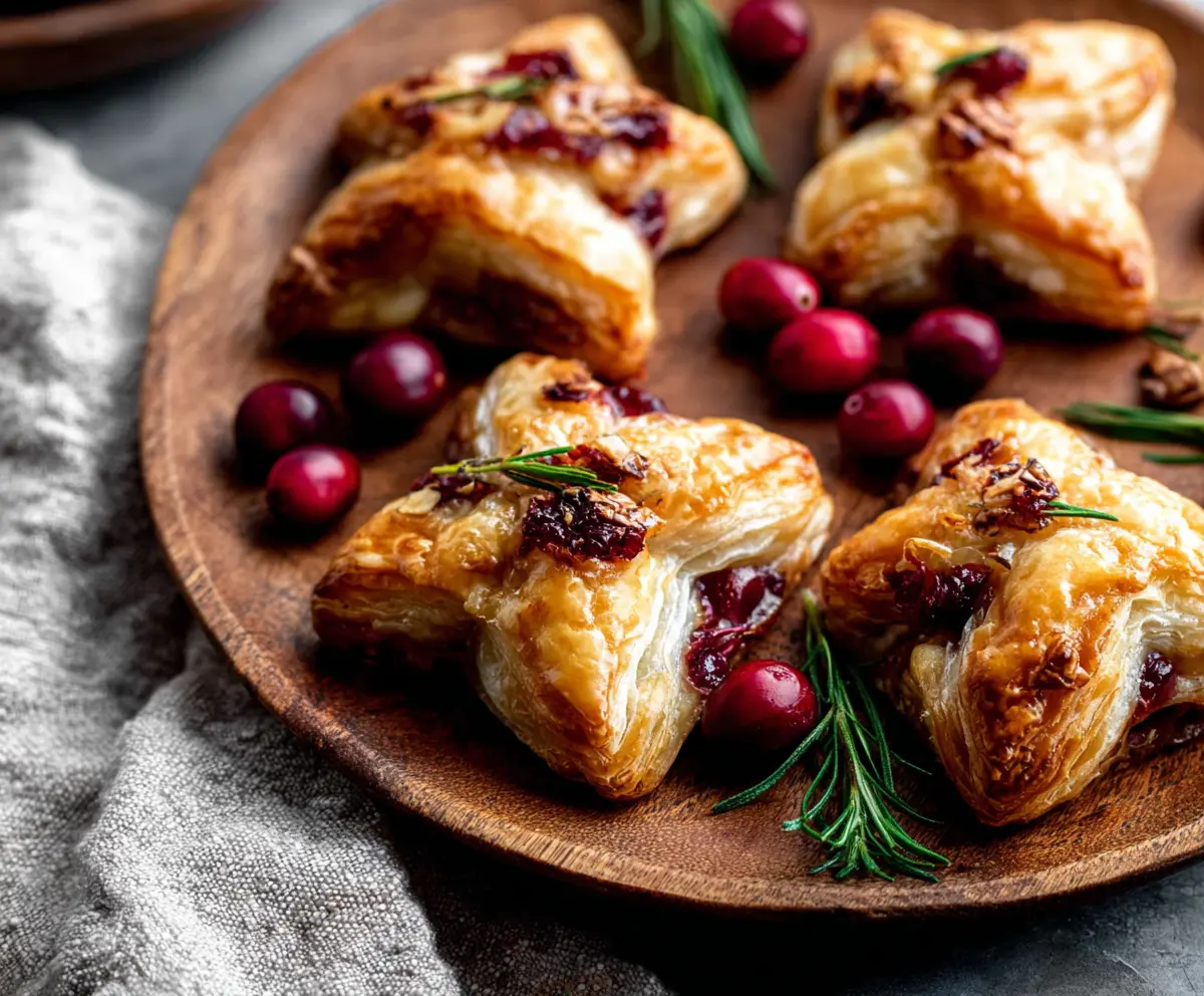 Cranberry Brie Puff Pastry Stars on a festive plate with fresh cranberries and herbs