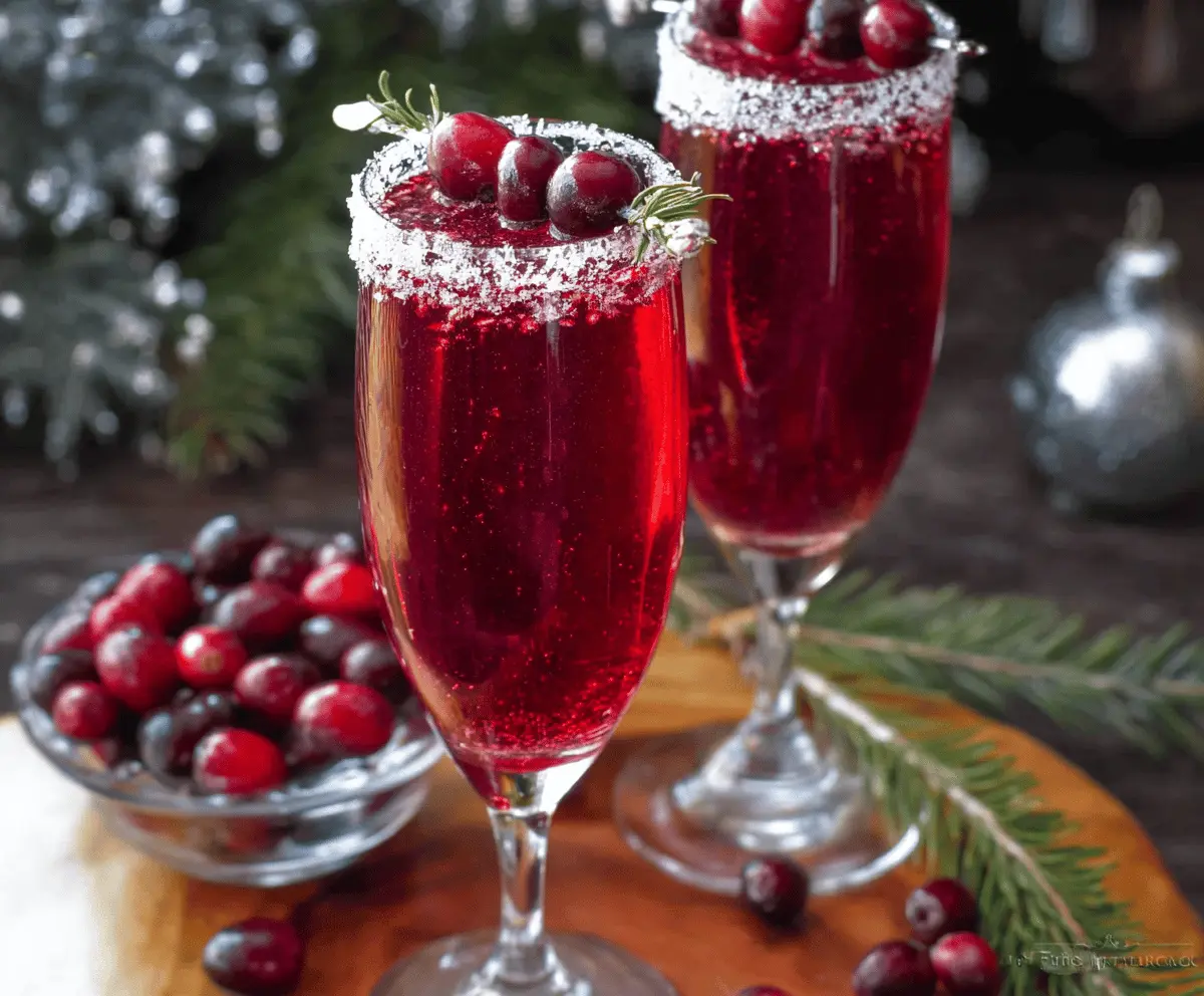 Festive Cranberry Christmas Mimosa with fresh cranberries and orange slices for holiday celebration.