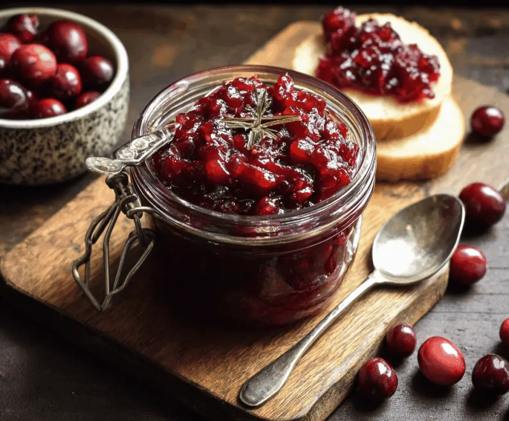 Colorful cranberry chutney in a bowl, garnished with fresh herbs, ready to serve at a festive meal.