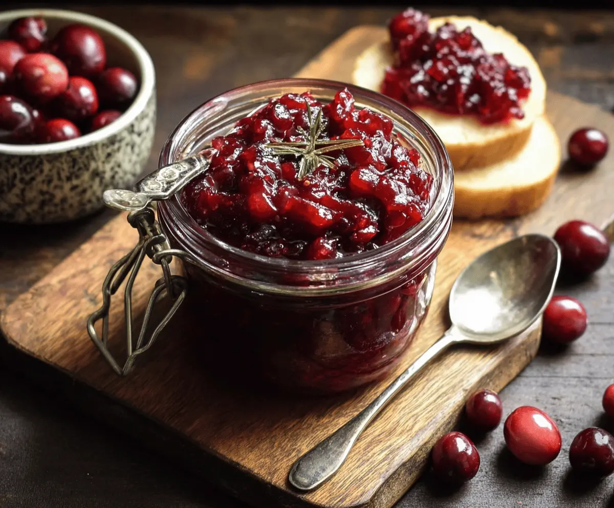 Colorful cranberry chutney in a bowl, garnished with fresh herbs, ready to serve at a festive meal.