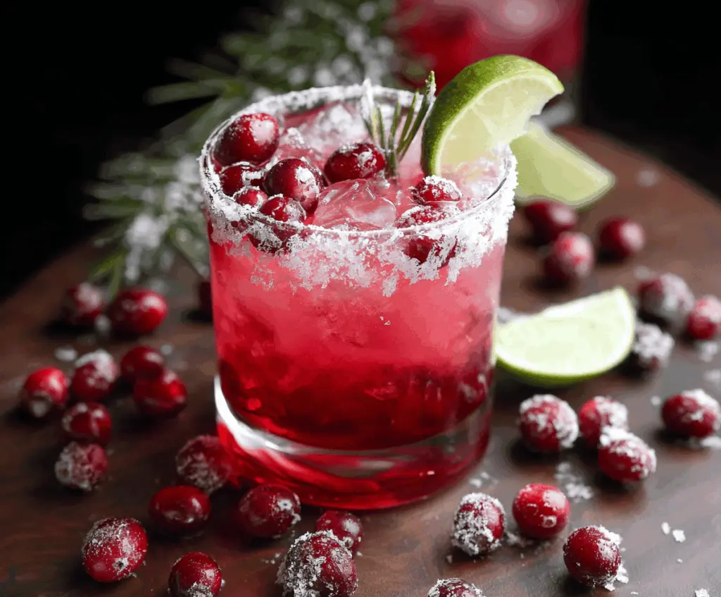 Refreshing cranberry margarita cocktail with fresh cranberries and lime over ice.