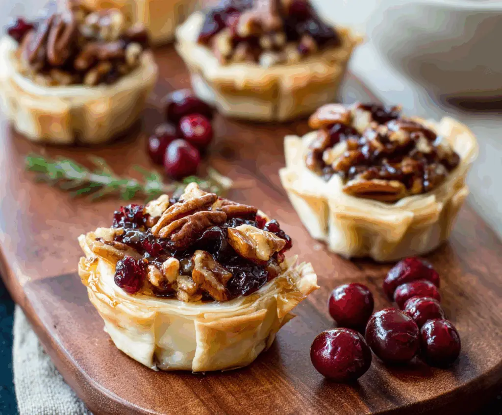 Creamy baked Brie cheese in cranberry and pecan cups, perfect for holidays and parties.