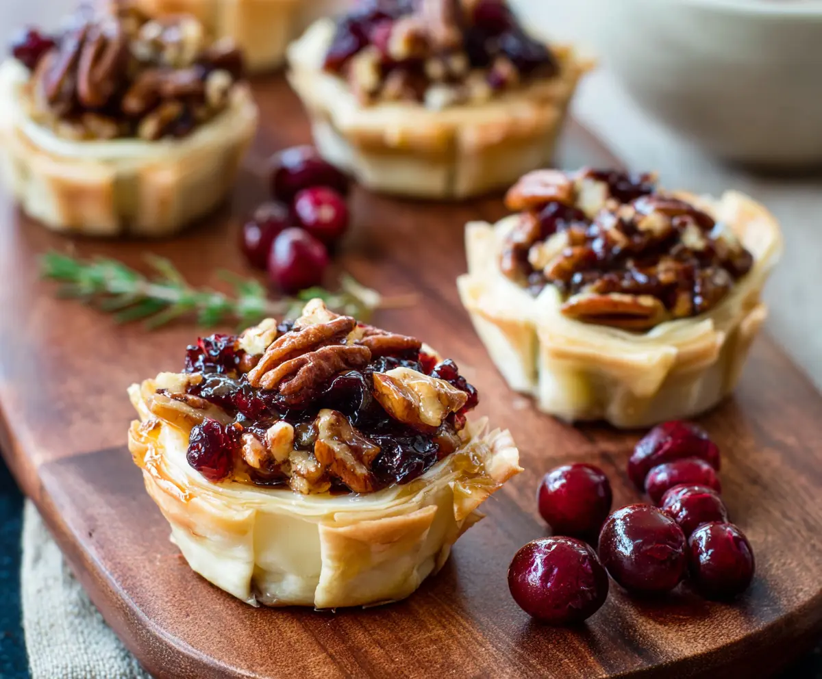 Creamy baked Brie cheese in cranberry and pecan cups, perfect for holidays and parties.