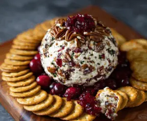 Delicious Cranberry Pecan Cheese Ball with fresh cranberries and crunchy pecans, perfect for appetizer platters.