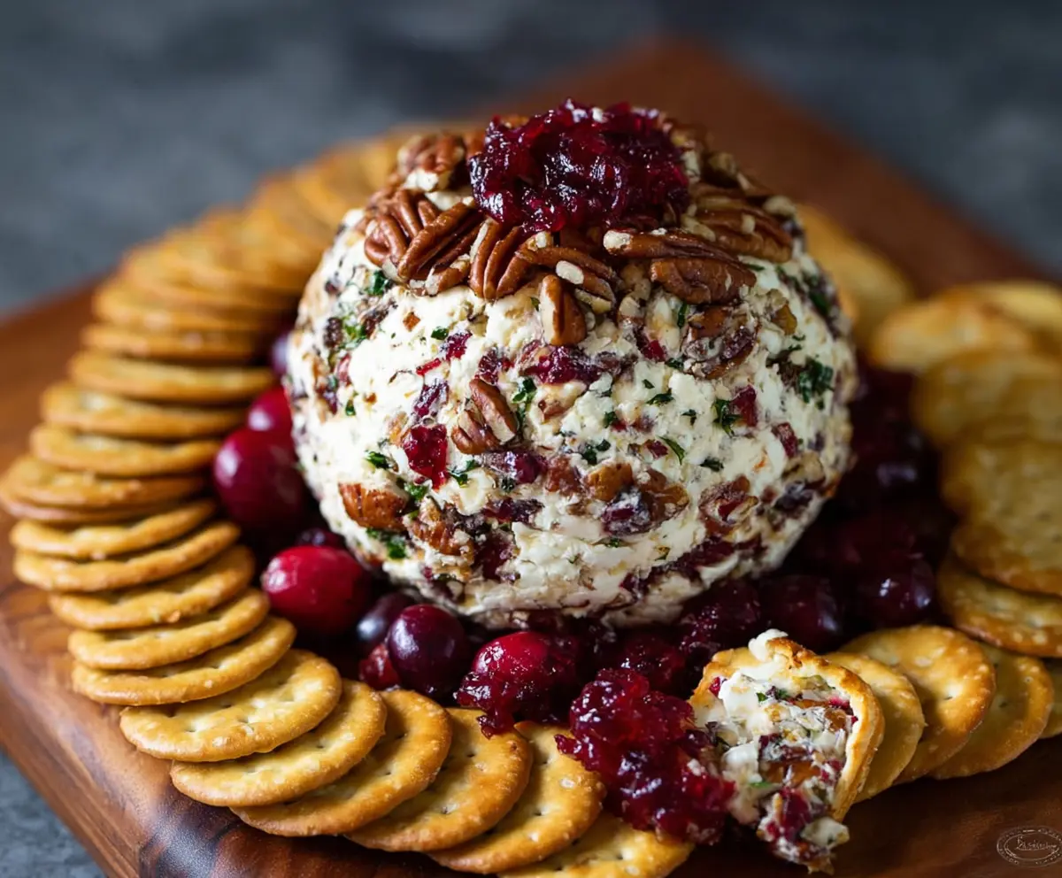 Delicious Cranberry Pecan Cheese Ball with fresh cranberries and crunchy pecans, perfect for appetizer platters.