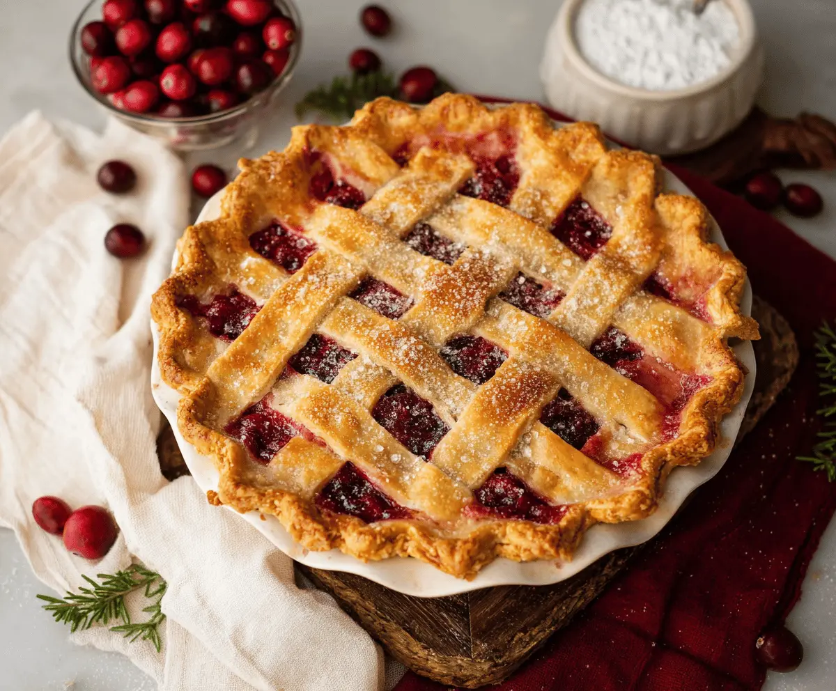 Delicious homemade cranberry pie with a golden crust and vibrant red cranberries on top.