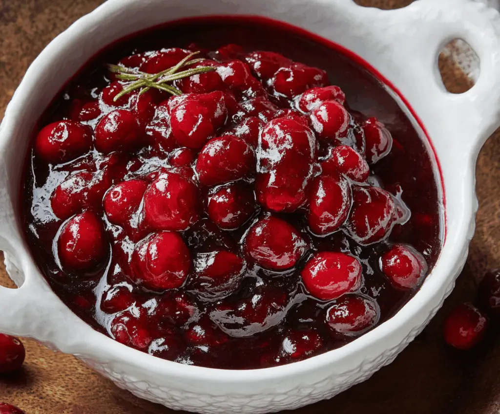 Delicious cranberry red wine sauce served in a glass bowl with fresh cranberries and a sprig of rosemary for a festive holiday meal.