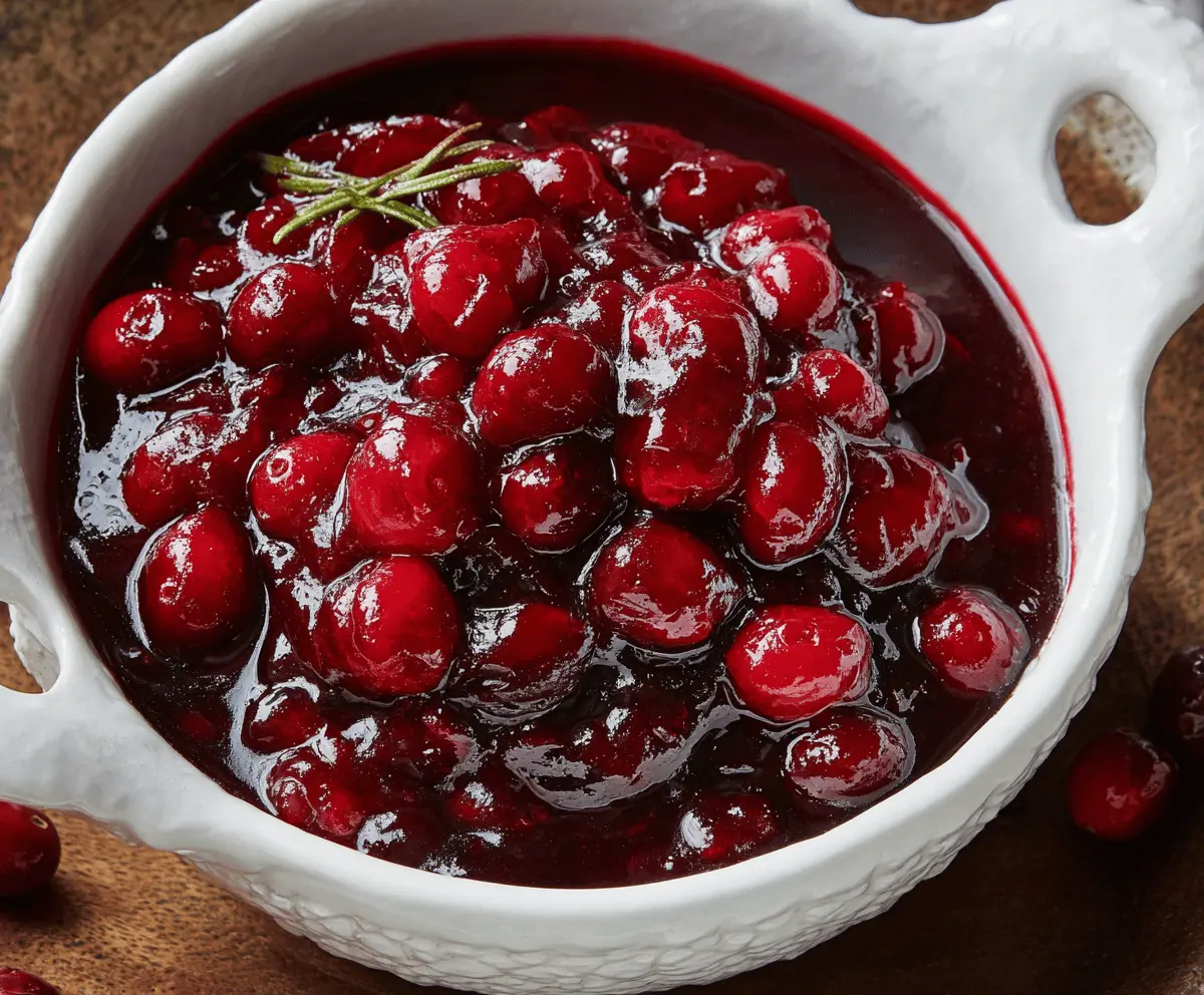 Delicious cranberry red wine sauce served in a glass bowl with fresh cranberries and a sprig of rosemary for a festive holiday meal.
