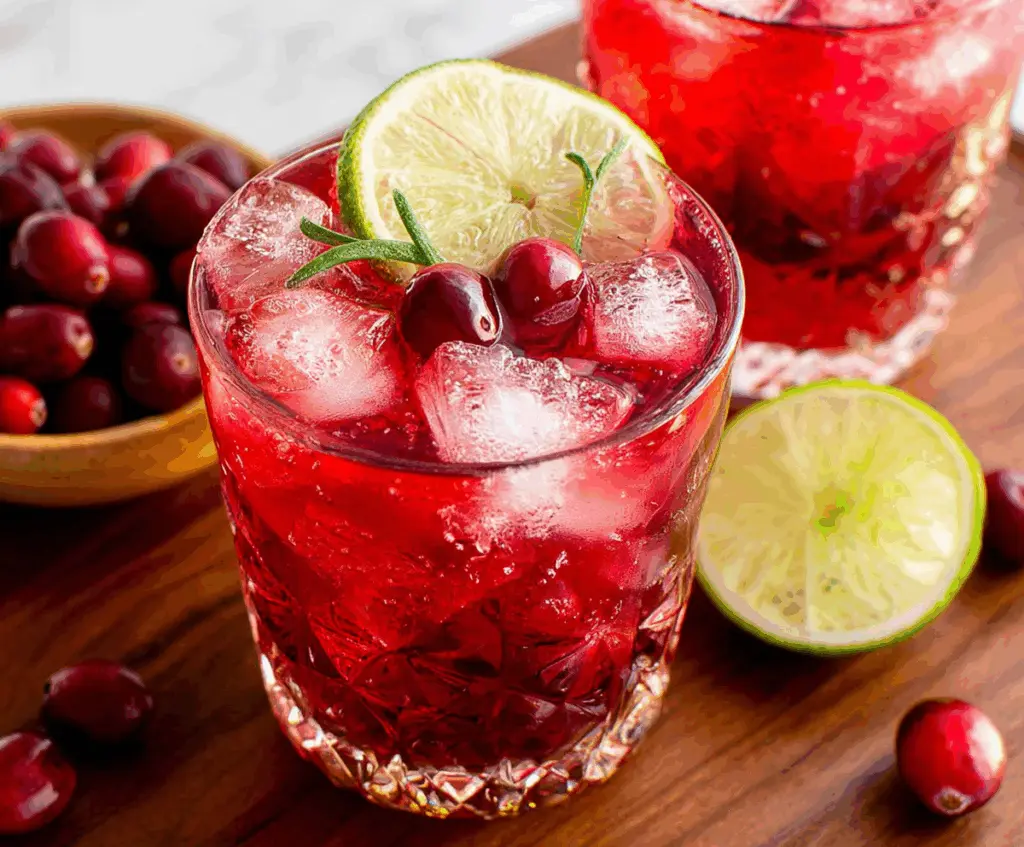 Refreshing cranberry vodka cocktail in a glass garnished with cranberries and a lime wedge.