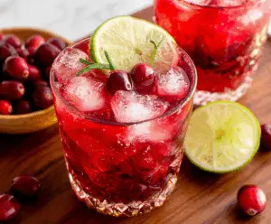 Refreshing cranberry vodka cocktail in a glass garnished with cranberries and a lime wedge.
