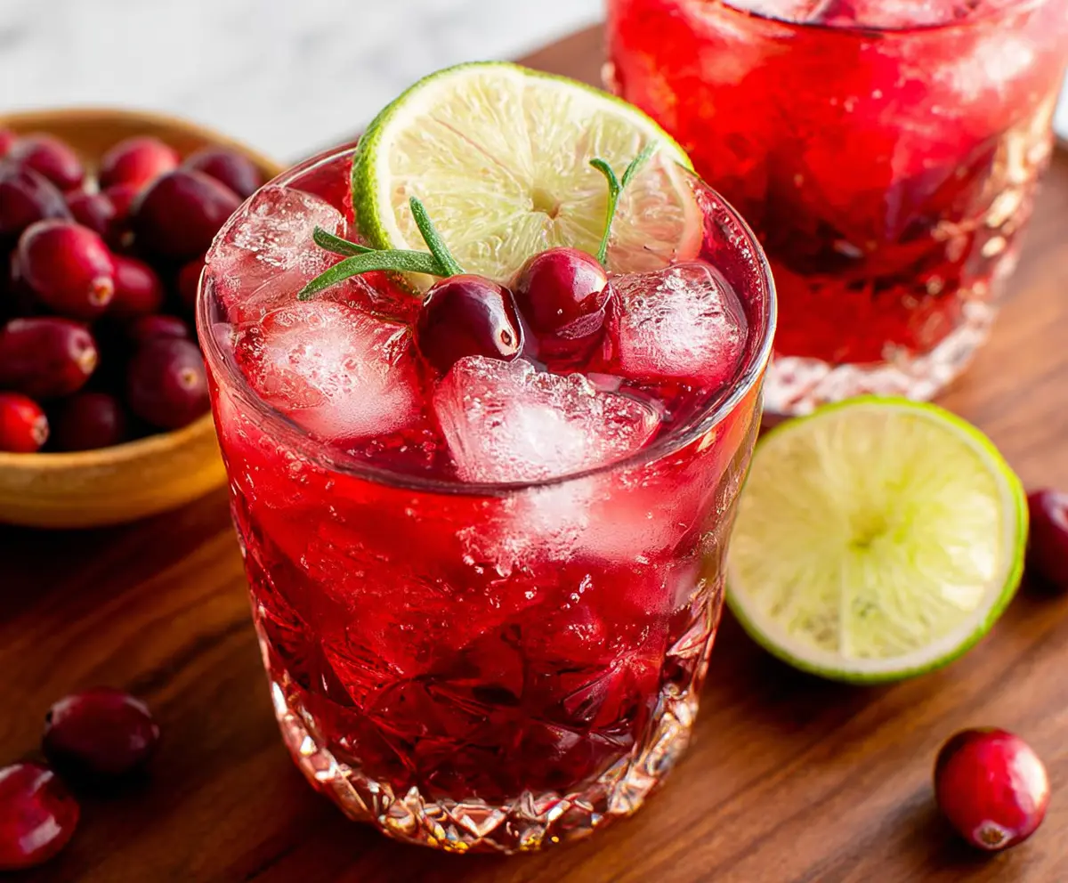 Refreshing cranberry vodka cocktail in a glass garnished with cranberries and a lime wedge.