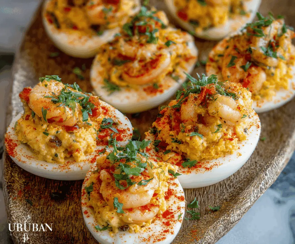 Delicious Crawfish Deviled Eggs garnished with fresh herbs on a plate.