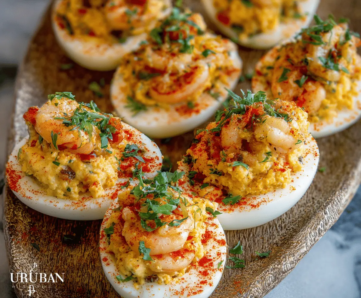 Delicious Crawfish Deviled Eggs garnished with fresh herbs on a plate.