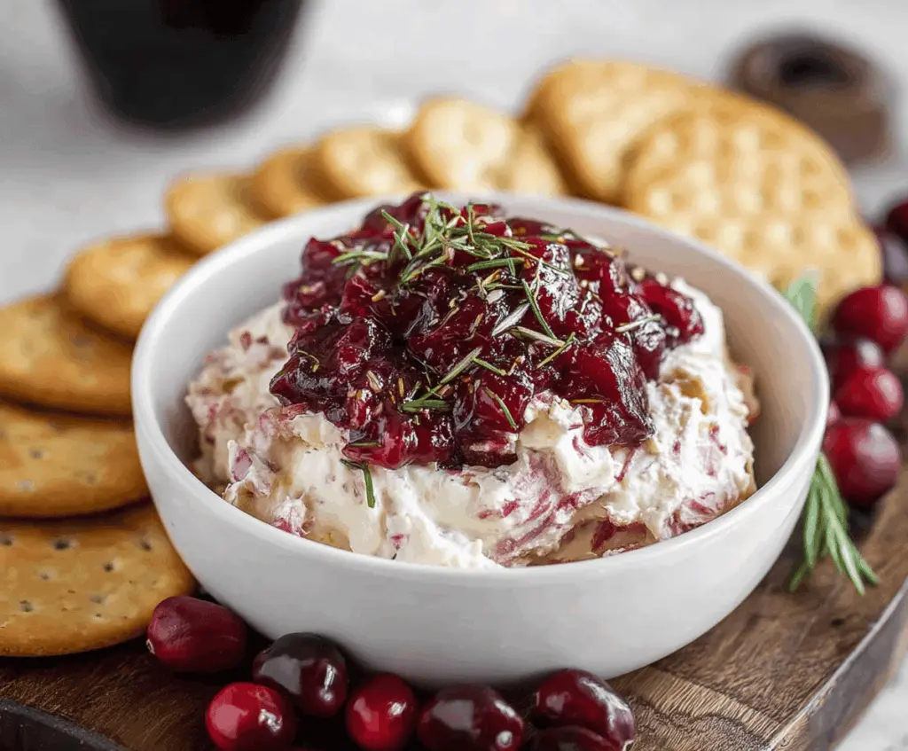 Cream Cheese Cranberry Dip served with fresh fruit and crackers on a festive platter.