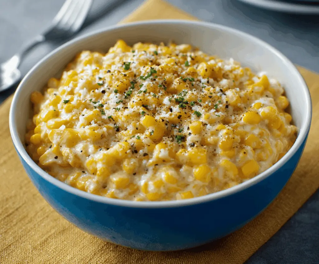 Delicious creamy creamed corn served in a white bowl with fresh herbs on top