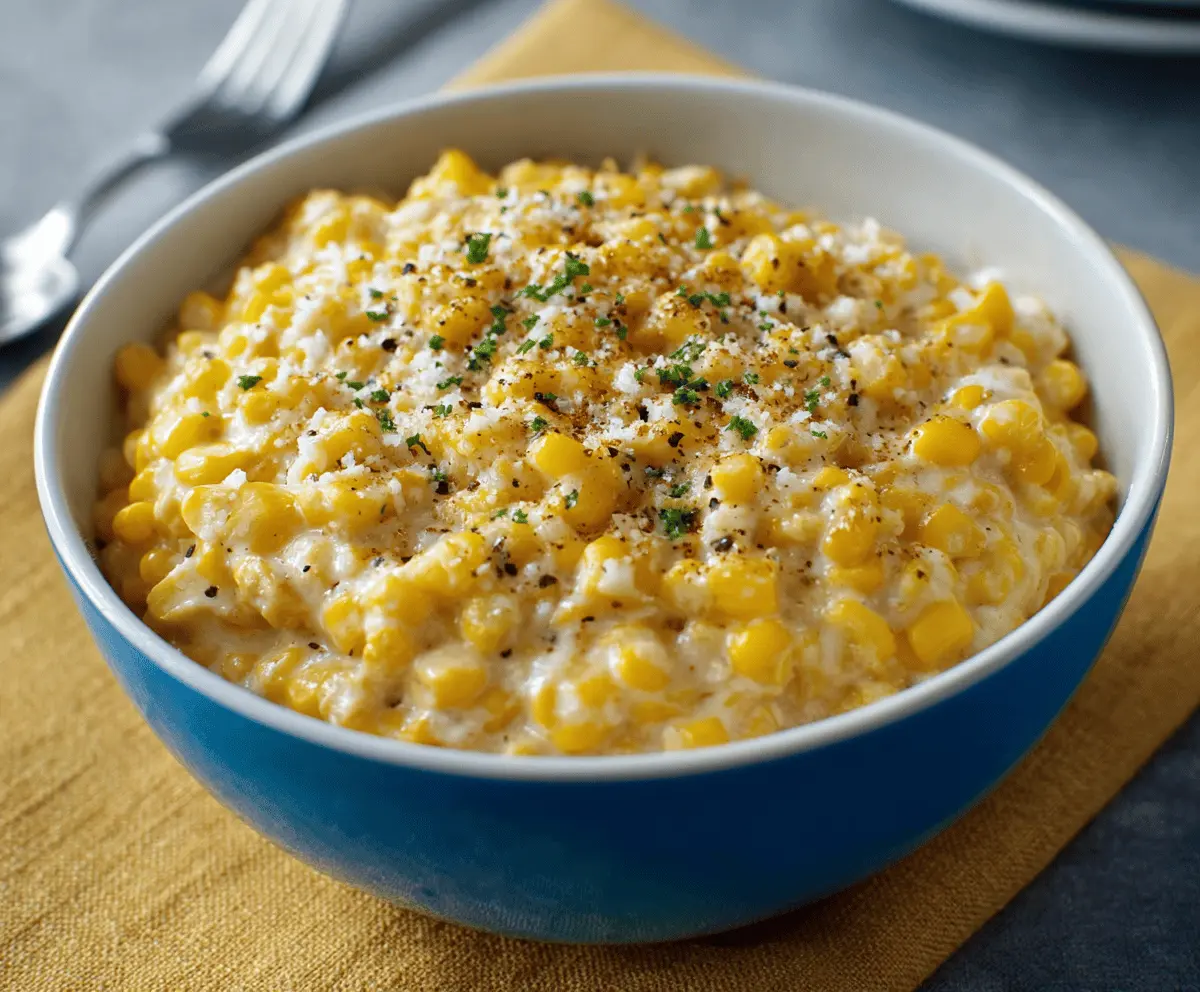 Delicious creamy creamed corn served in a white bowl with fresh herbs on top