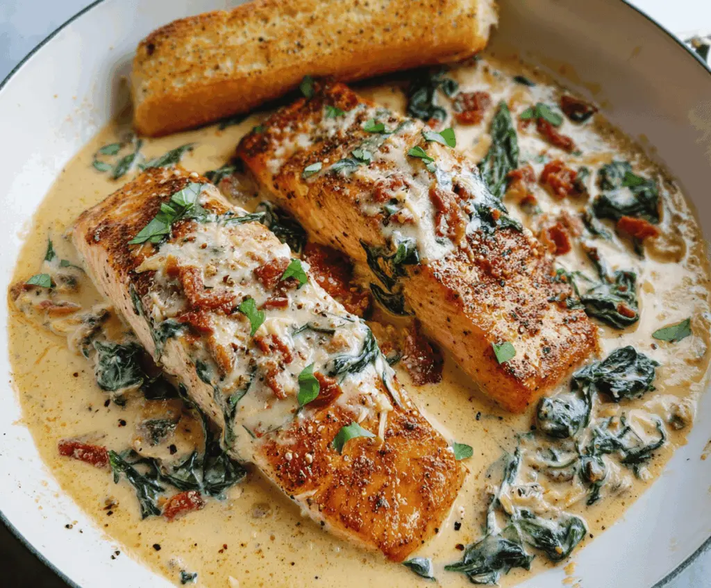 Delicious Creamy Garlic Tuscan Salmon served on a plate with fresh herbs