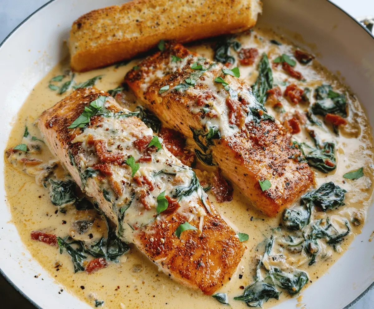 Delicious Creamy Garlic Tuscan Salmon served on a plate with fresh herbs